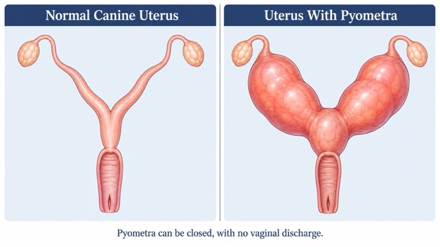 Diagram comparing a normal canine uterus with a uterus distended by pyometra
